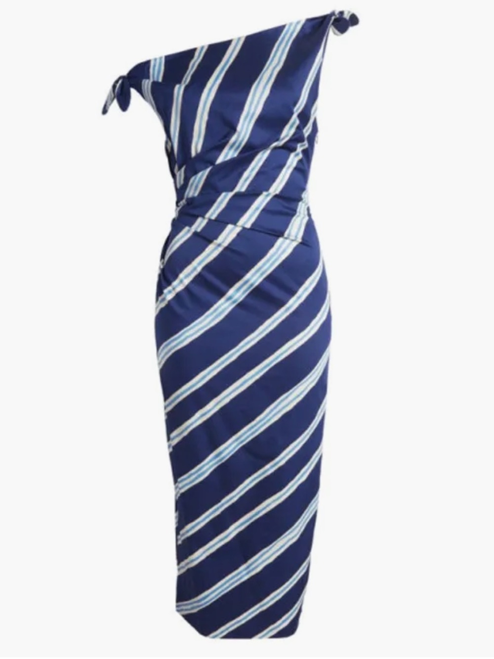 Mango Bare Shoulder Blue Striped Midi Dress